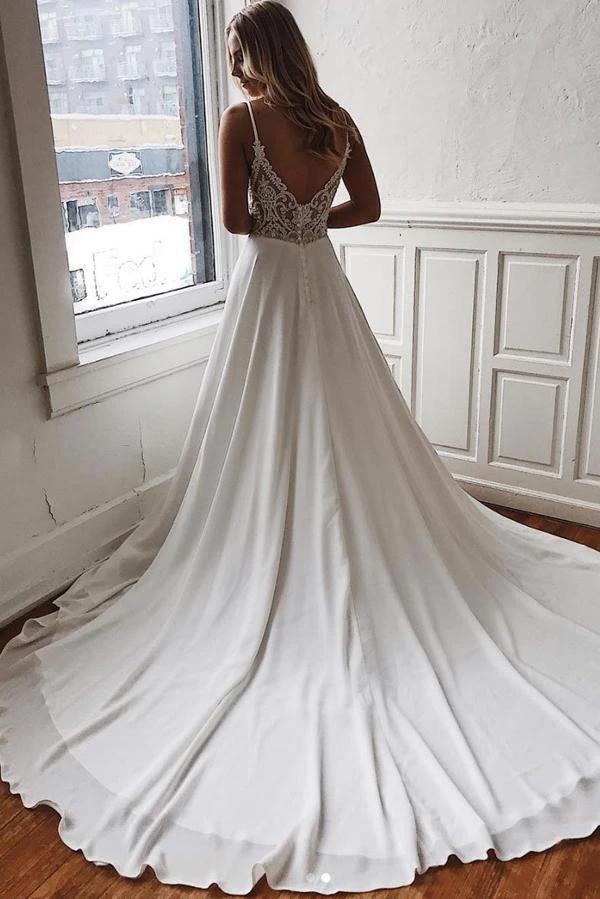 Chiffon A-line V-neck Lace Spaghetti Straps Wedding Dress with Sweep Train WD343 by pgmdress