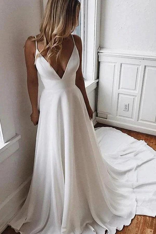 Chiffon A-line V-neck Lace Spaghetti Straps Wedding Dress with Sweep Train WD343 by pgmdress