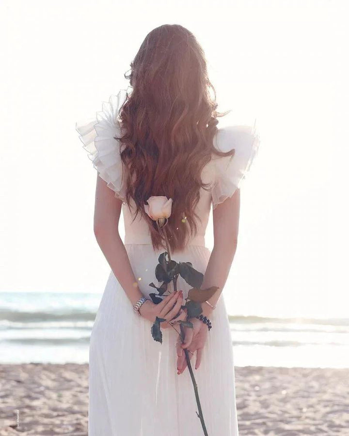 Chiffon Ruffless Sleeves V-Neck Summer Beach Wedding Dress by misshow.com
