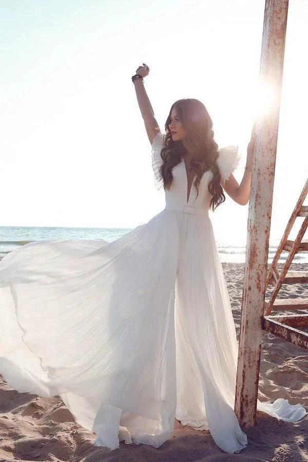 Chiffon Ruffless Sleeves V-Neck Summer Beach Wedding Dress by misshow.com