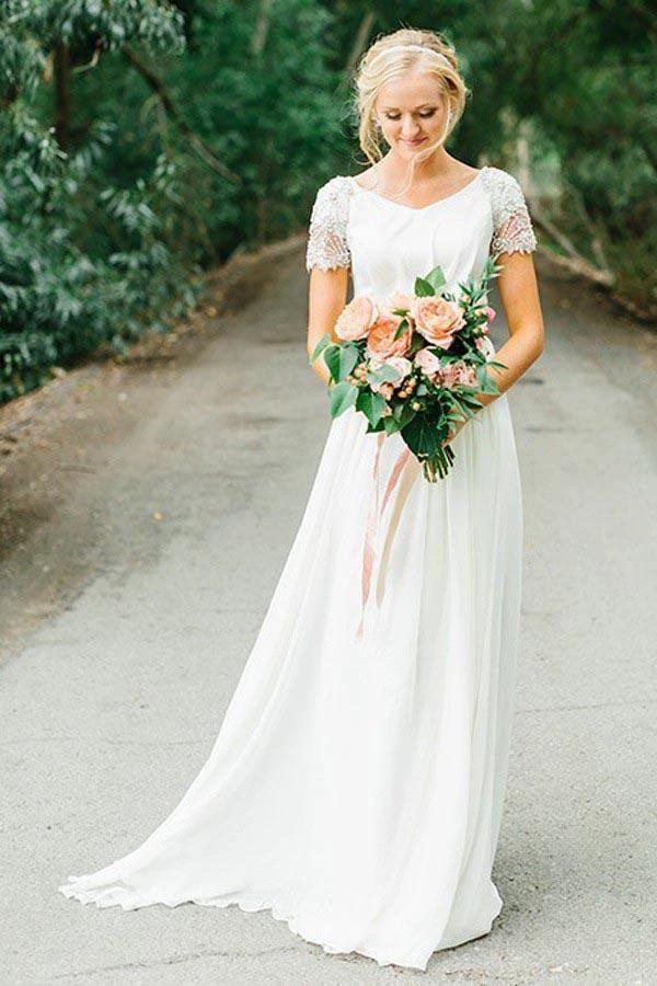Chiffon V-neck Neckline A-line Wedding Dress With Beadings WD402 by pgmdress