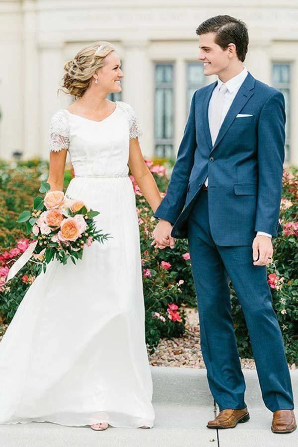 Chiffon V-neck Neckline A-line Wedding Dress With Beadings WD402 by pgmdress
