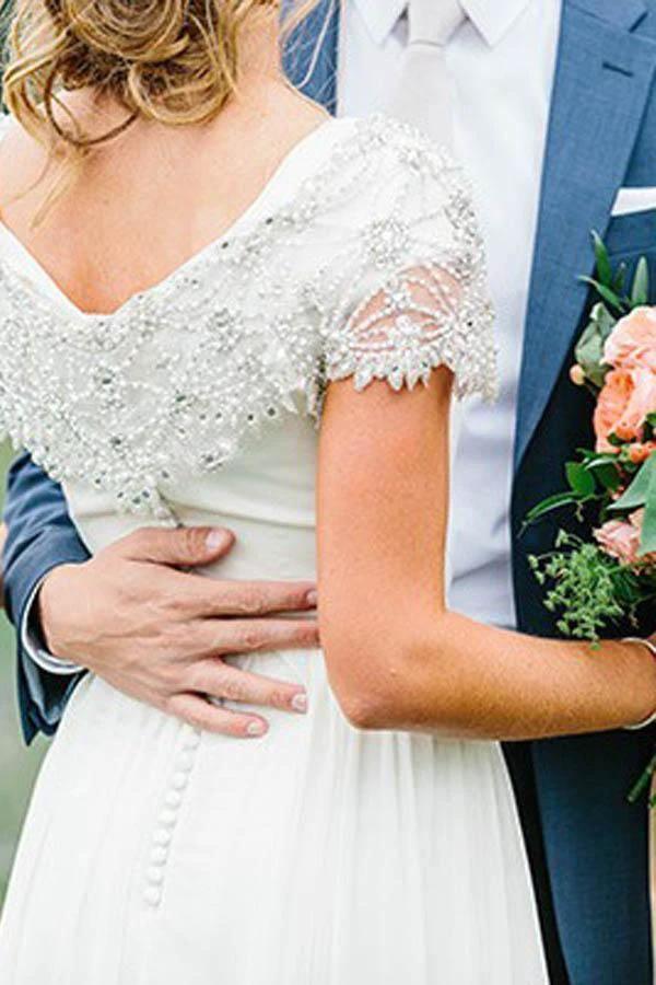 Chiffon V-neck Neckline A-line Wedding Dress With Beadings WD402 by pgmdress