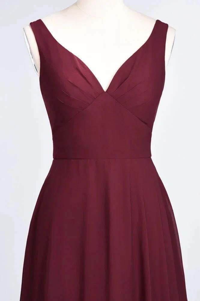 Chiffon V-Neck Straps Sleeveless Ruffles Floor-Length Bridesmaid Dress with Open Back by misshow.com