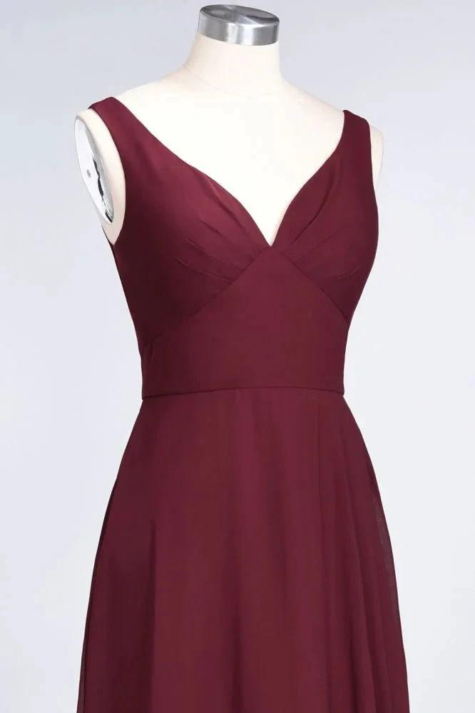 Chiffon V-Neck Straps Sleeveless Ruffles Floor-Length Bridesmaid Dress with Open Back by misshow.com
