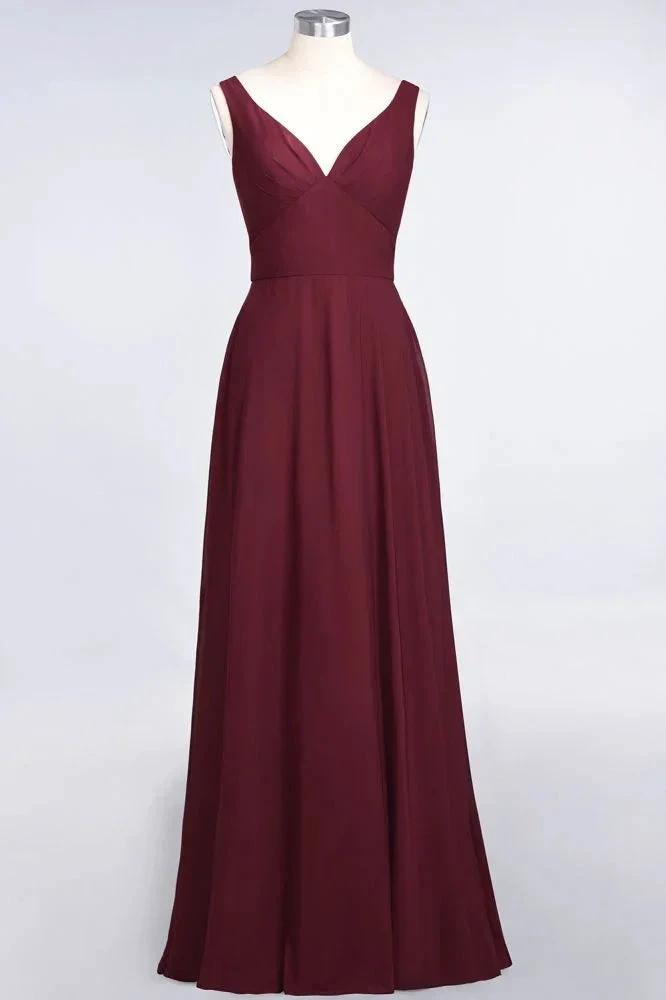 Chiffon V-Neck Straps Sleeveless Ruffles Floor-Length Bridesmaid Dress with Open Back by misshow.com