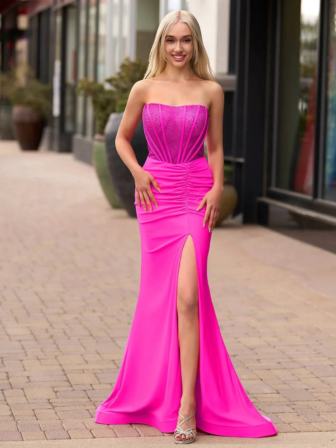 Arana| Fuchsia Mermaid Strapless Satin Long Prom Dresses With Beading by KissProm