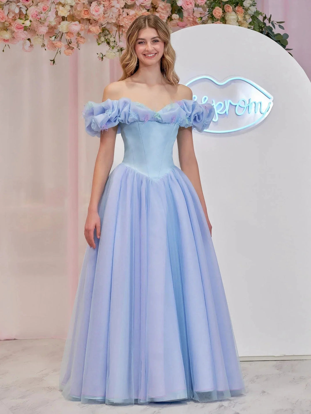 Isabel | Cinderella Blue Tulle Off the Shoulder With Crystals &amp; Butterflies Ball Gown by KissProm