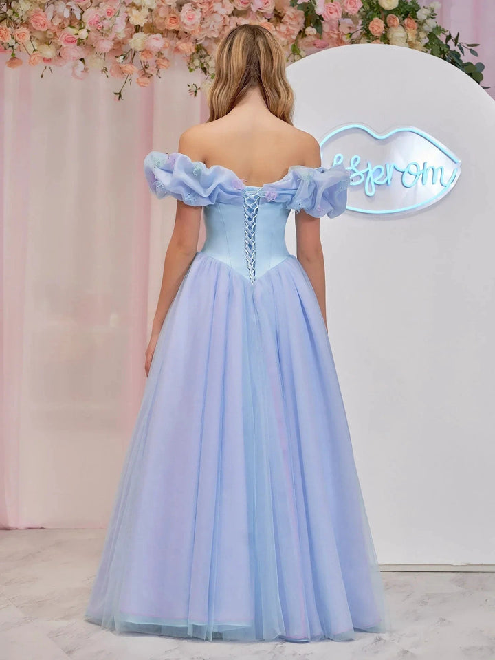 Isabel | Cinderella Blue Tulle Off the Shoulder With Crystals &amp; Butterflies Ball Gown by KissProm