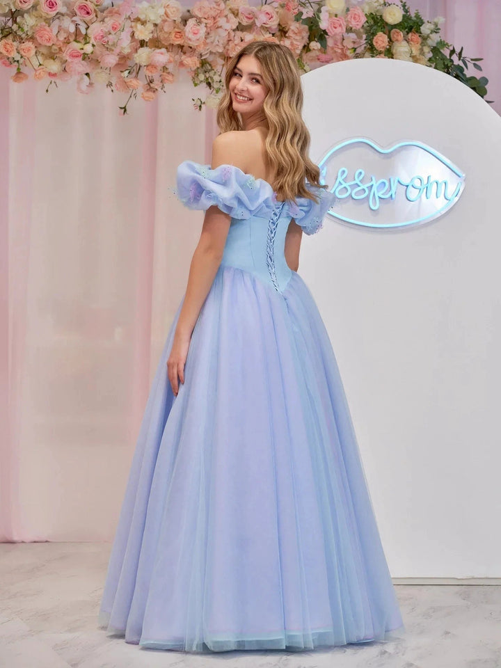 Isabel | Cinderella Blue Tulle Off the Shoulder With Crystals &amp; Butterflies Ball Gown by KissProm