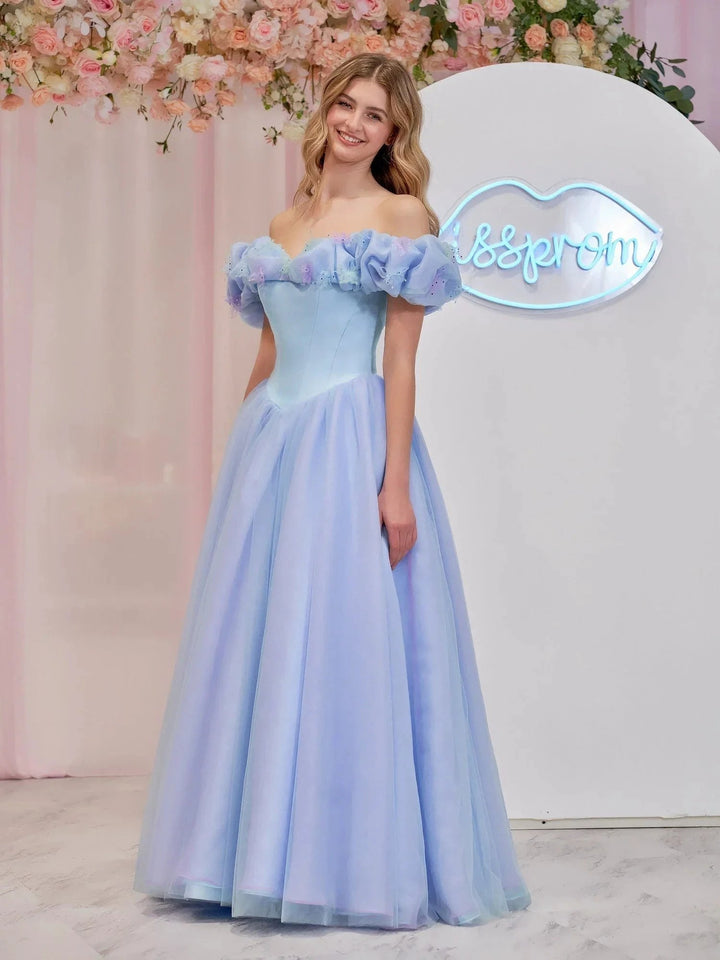 Isabel | Cinderella Blue Tulle Off the Shoulder With Crystals &amp; Butterflies Ball Gown by KissProm