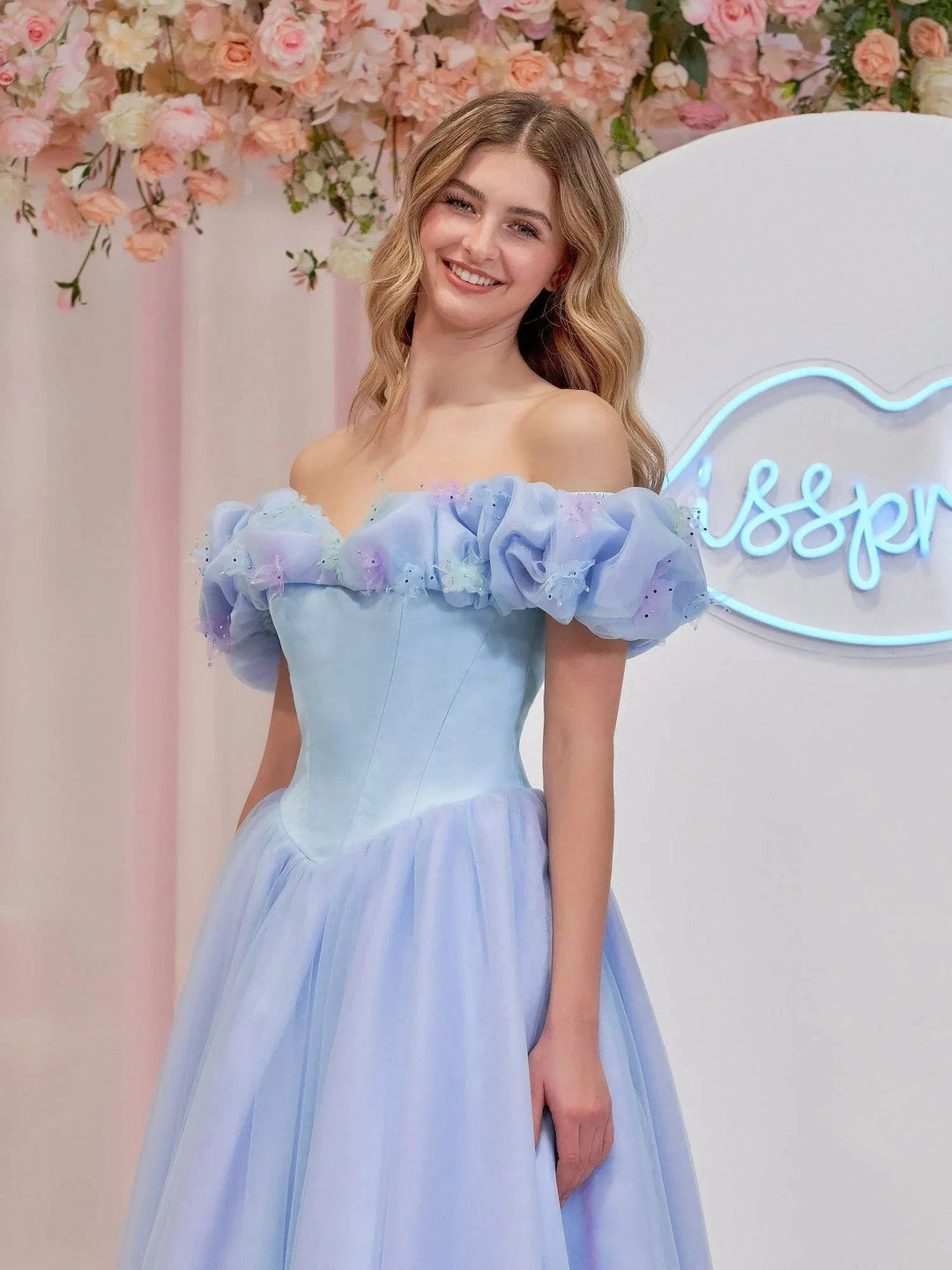 Isabel | Cinderella Blue Tulle Off the Shoulder With Crystals &amp; Butterflies Ball Gown by KissProm