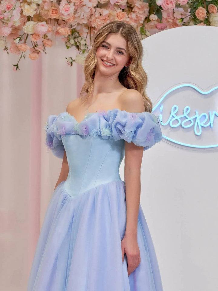 Isabel | Cinderella Blue Tulle Off the Shoulder With Crystals &amp; Butterflies Ball Gown by KissProm
