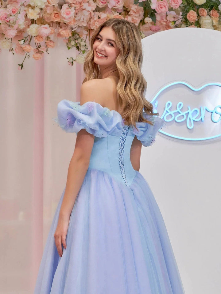Isabel | Cinderella Blue Tulle Off the Shoulder With Crystals &amp; Butterflies Ball Gown by KissProm