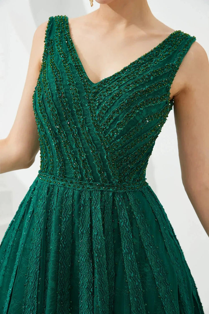 Classic Long A-line V-neck Tulle Prom Dress by BIZTUNNEL