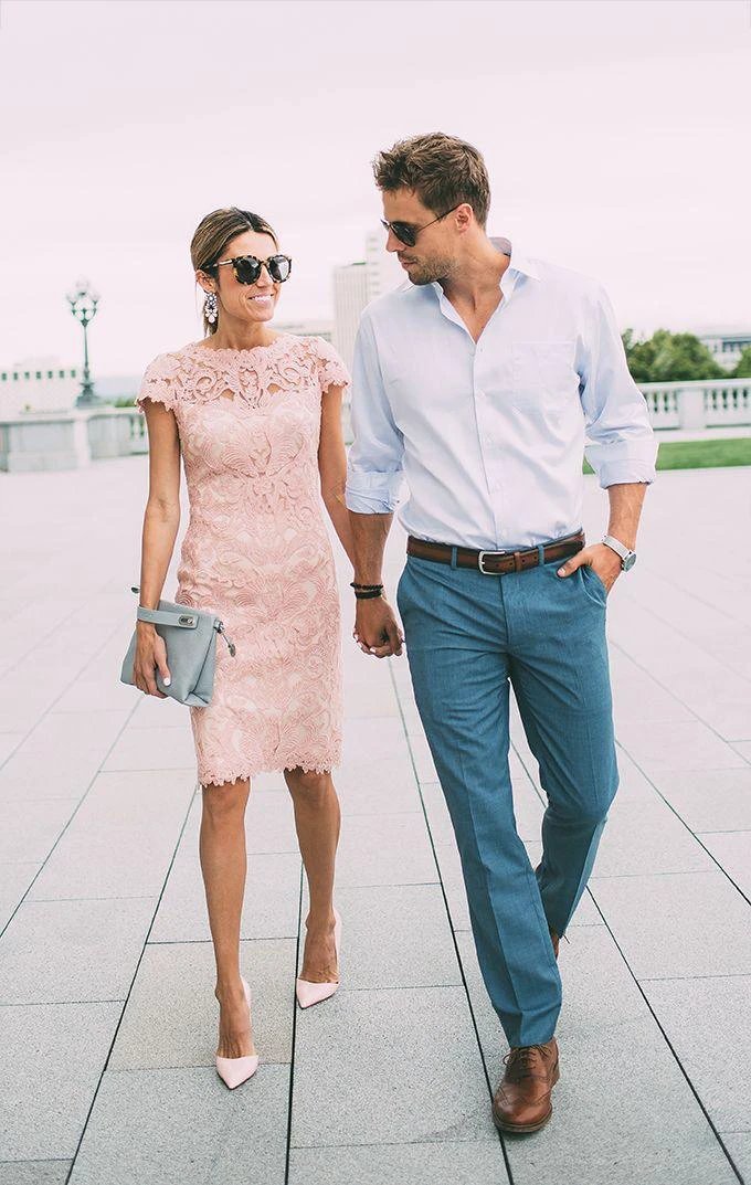Classic Pink Short Sheath Lace Prom Dress with Sleeves by BIZTUNNEL