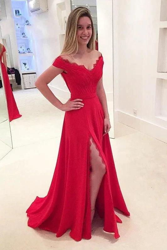 Classy A-Line Off-the-shoulder Long Prom Dress With Slit by BIZTUNNEL