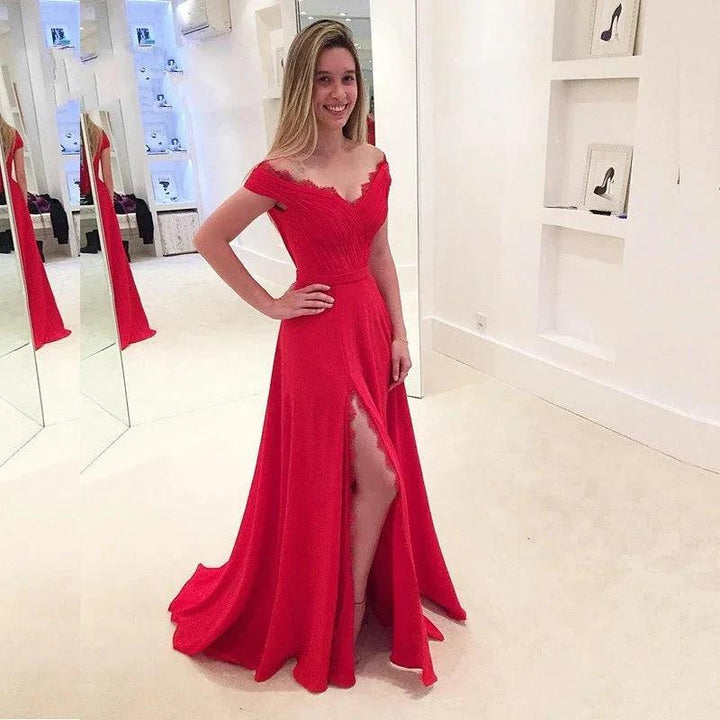 Classy A-Line Off-the-shoulder Long Prom Dress With Slit by BIZTUNNEL