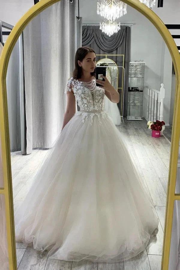 Classy Long A-Line Bateau Appliques Lace Tulle Wedding Dress With Bowknot Sash by BIZTUNNEL