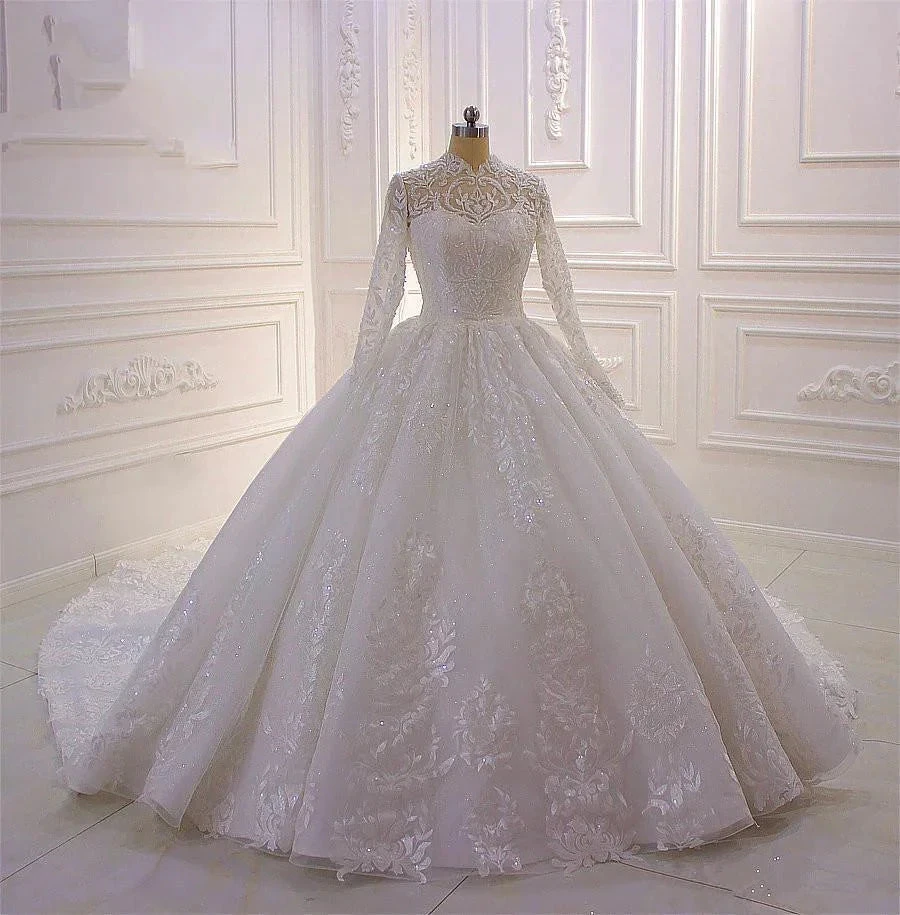 Classy Long A-line High Neck Appliques Lace Pearl Sequins Ruffles Wedding Dress with Sleeves by BIZTUNNEL