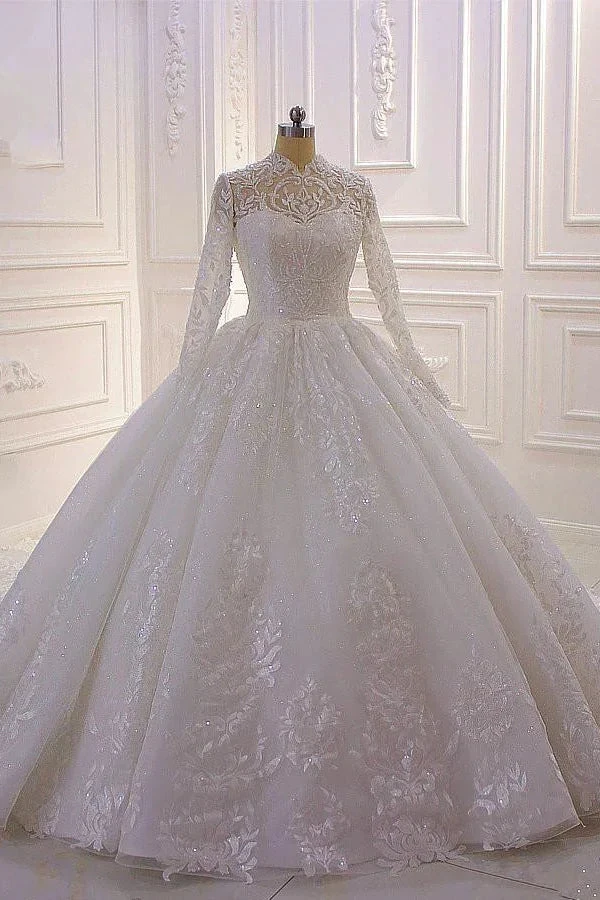 Classy Long A-line High Neck Appliques Lace Pearl Sequins Ruffles Wedding Dress with Sleeves by BIZTUNNEL
