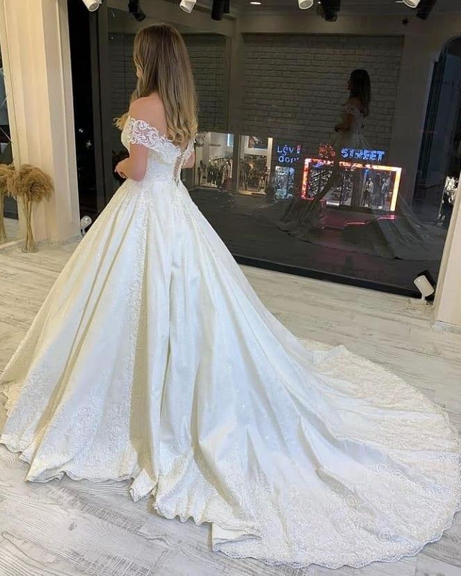 Classy Long A-Line Off-the-Shoulder Appliques Lace Backless Wedding Dress by BIZTUNNEL