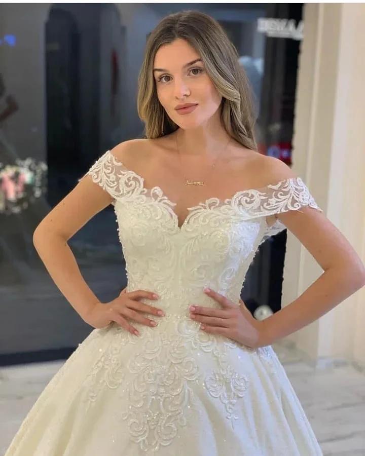 Classy Long A-Line Off-the-Shoulder Appliques Lace Backless Wedding Dress by BIZTUNNEL