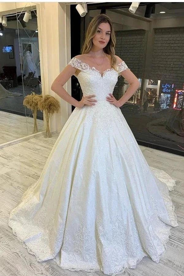 Classy Long A-Line Off-the-Shoulder Appliques Lace Backless Wedding Dress by BIZTUNNEL