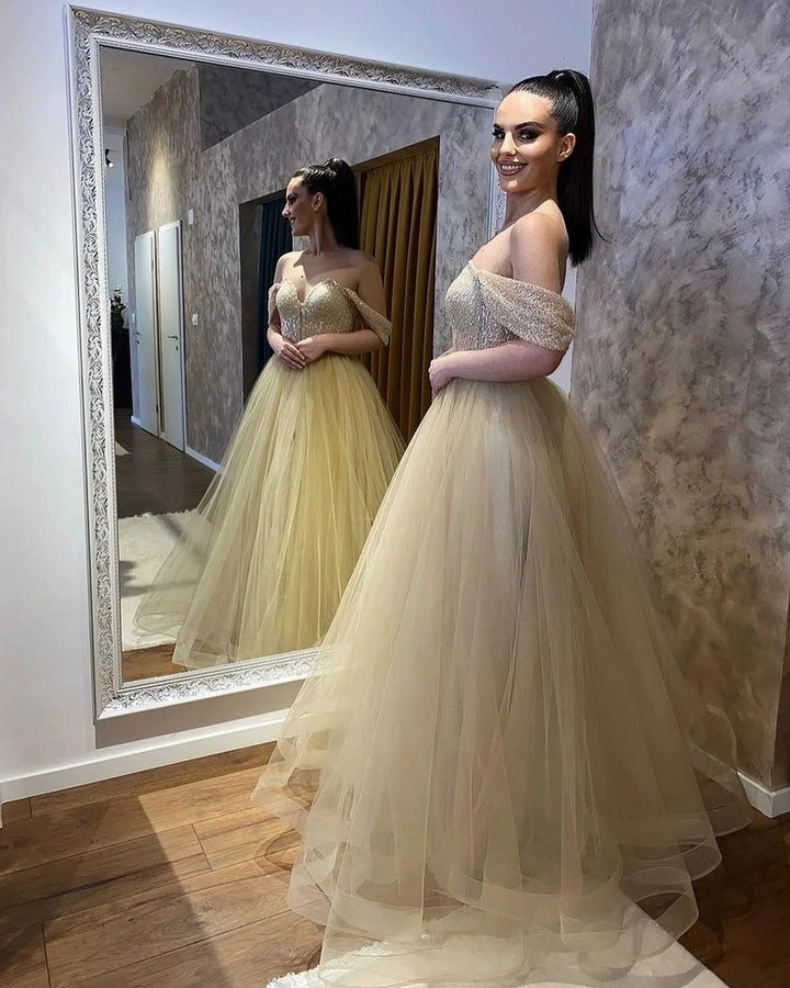 Classy Long A-Line Sweetheart Off-the-shoulder Beading Tulle Wedding Dress by BIZTUNNEL