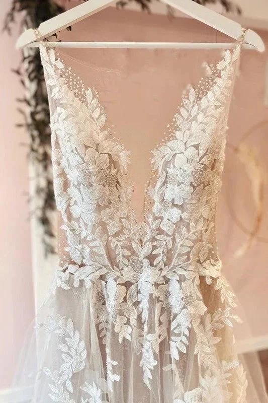 Classy Long A-line Tulle Appliques Lace Wedding Dress by BIZTUNNEL