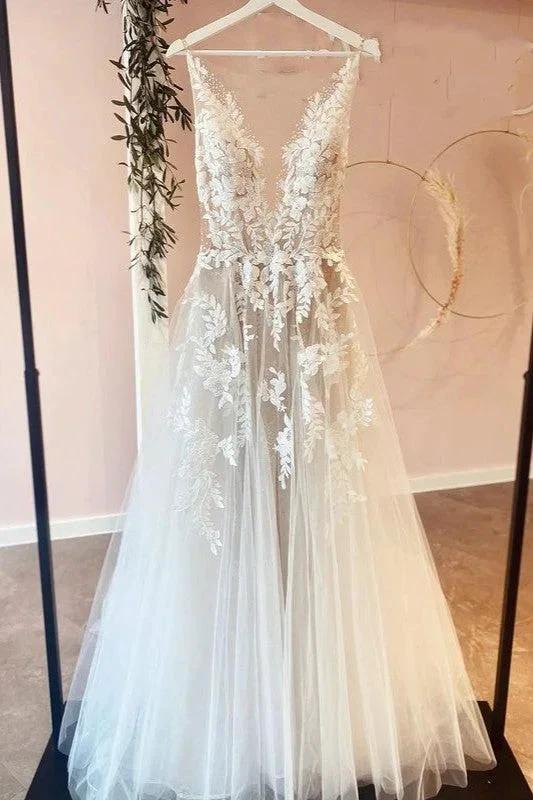 Classy Long A-line Tulle Appliques Lace Wedding Dress by BIZTUNNEL