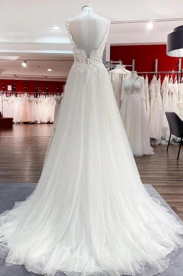 Classy Long A-line Tulle V Neck Sleeveless Lace Wedding Dress by BIZTUNNEL