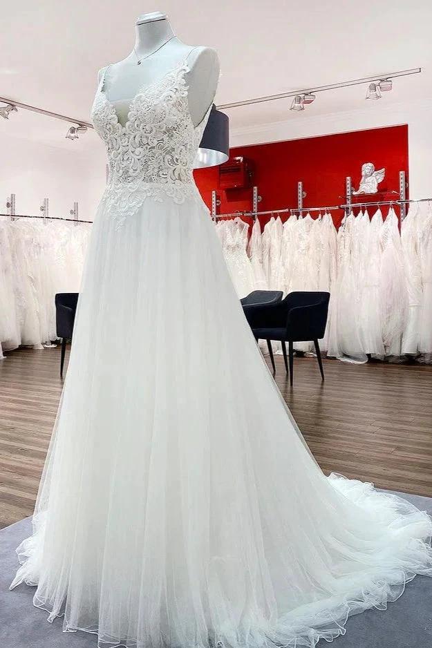 Classy Long A-line Tulle V Neck Sleeveless Lace Wedding Dress by BIZTUNNEL