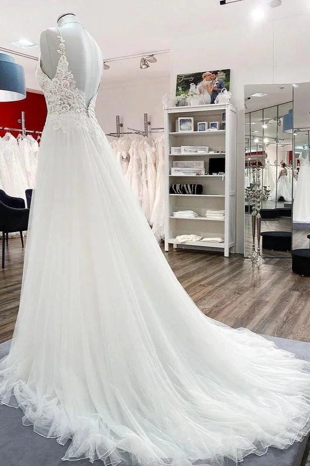 Classy Long A-line Tulle V Neck Sleeveless Lace Wedding Dress by BIZTUNNEL