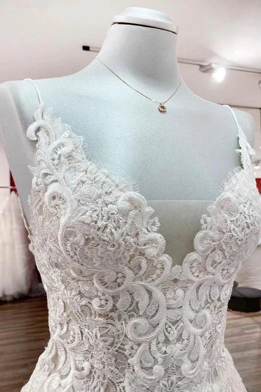 Classy Long A-line Tulle V Neck Sleeveless Lace Wedding Dress by BIZTUNNEL
