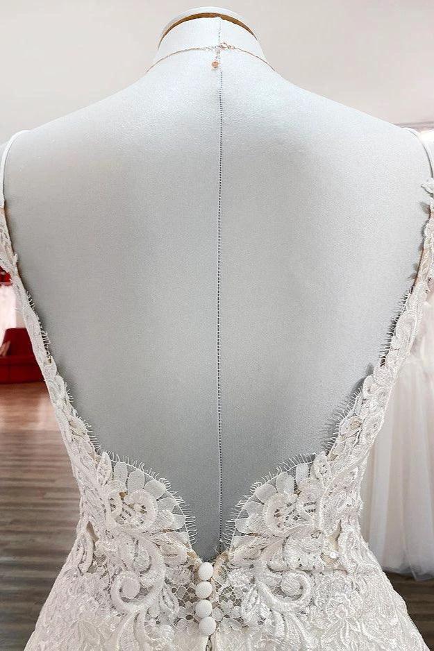 Classy Long A-line Tulle V Neck Sleeveless Lace Wedding Dress by BIZTUNNEL