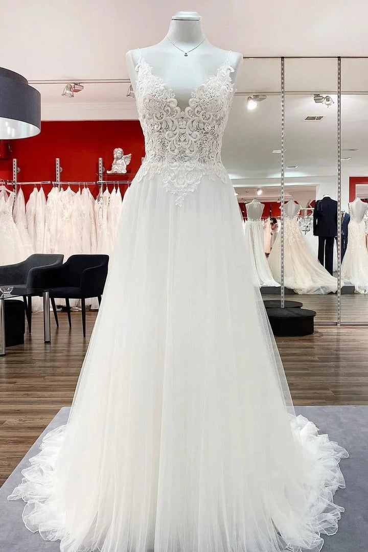 Classy Long A-line Tulle V Neck Sleeveless Lace Wedding Dress by BIZTUNNEL