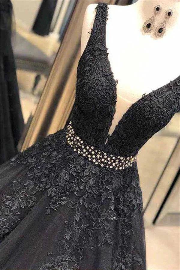 Classy Long A-Line Wide Straps Open Back Black Prom Dress by BIZTUNNEL