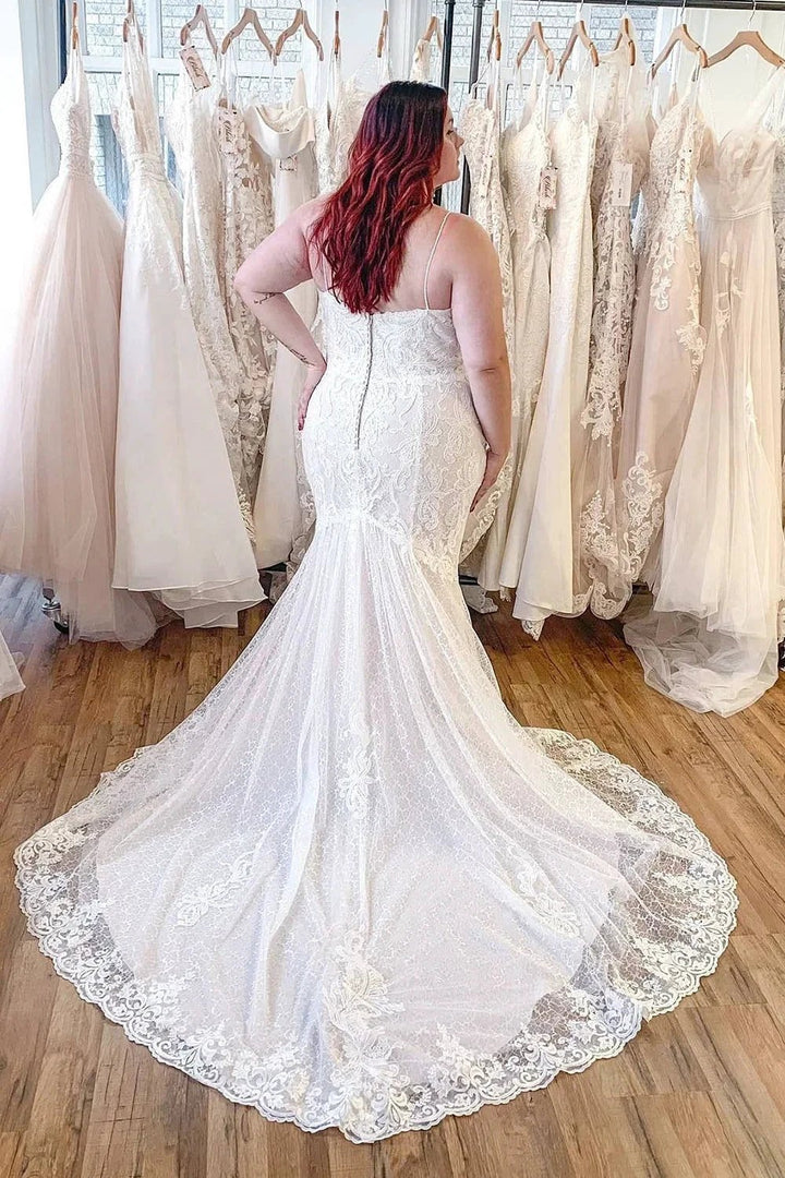 Classy Long Mermaid Appliques Lace Spaghetti Straps Backless Wedding Dress by BIZTUNNEL