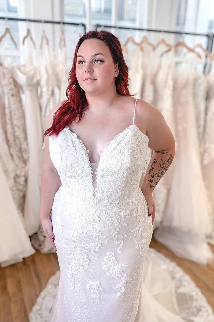Classy Long Mermaid Appliques Lace Spaghetti Straps Backless Wedding Dress by BIZTUNNEL