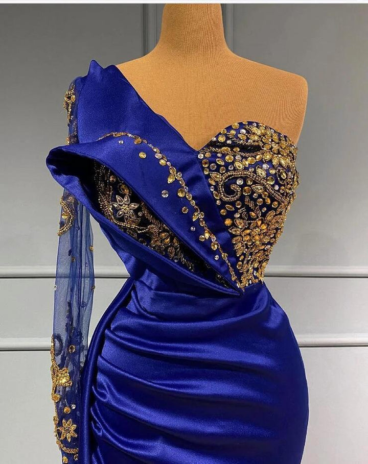 Classy Long Mermaid One Shoulder Royal Blue Prom Dress With Side Train by BIZTUNNEL