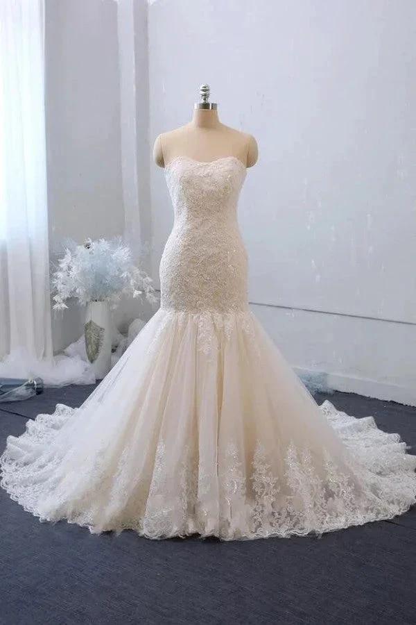 Classy Long Mermaid Sweetheart Backless Appliques Lace Tulle Wedding Dress by BIZTUNNEL