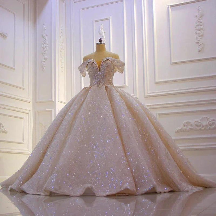 Classy Long Off the Shoulder Sequin Beading Satin Ball Gown Wedding Dress by BIZTUNNEL