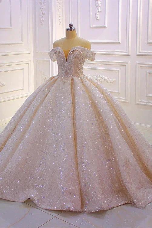 Classy Long Off the Shoulder Sequin Beading Satin Ball Gown Wedding Dress by BIZTUNNEL