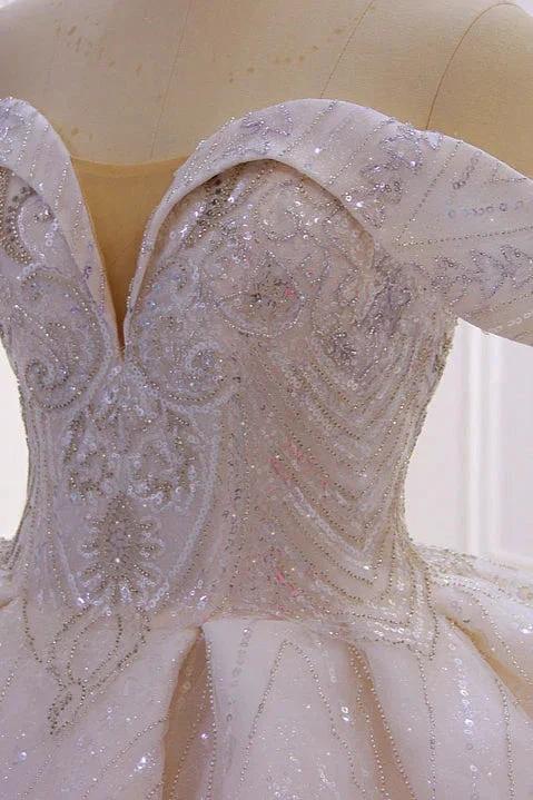 Classy Long Off the Shoulder Sequin Beading Satin Ball Gown Wedding Dress by BIZTUNNEL
