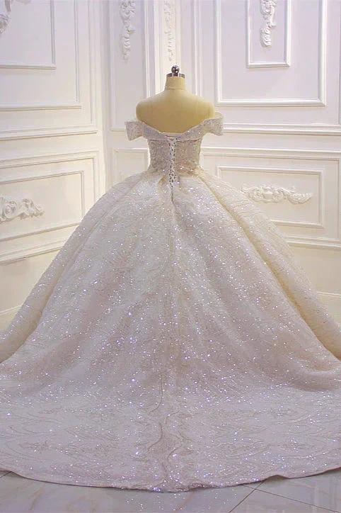 Classy Long Off the Shoulder Sequin Beading Satin Ball Gown Wedding Dress by BIZTUNNEL