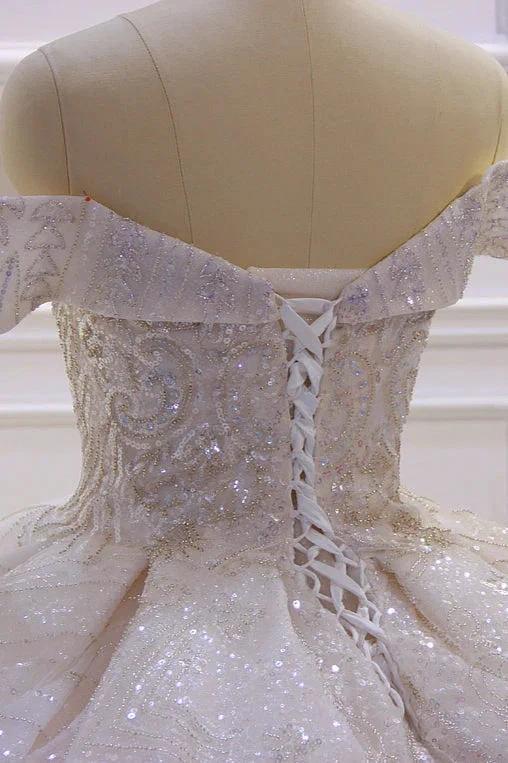 Classy Long Off the Shoulder Sequin Beading Satin Ball Gown Wedding Dress by BIZTUNNEL