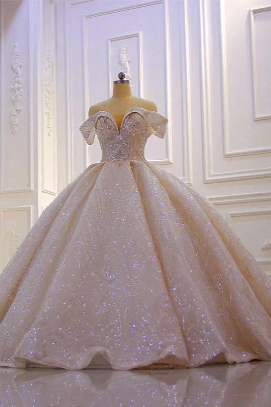 Classy Long Off the Shoulder Sequin Beading Satin Ball Gown Wedding Dress by BIZTUNNEL