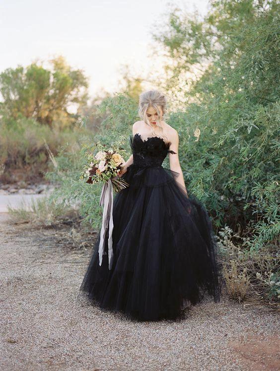 Classy Long Princess Sweetheart Open Back Tulle Black Wedding Dress with Lace by BIZTUNNEL