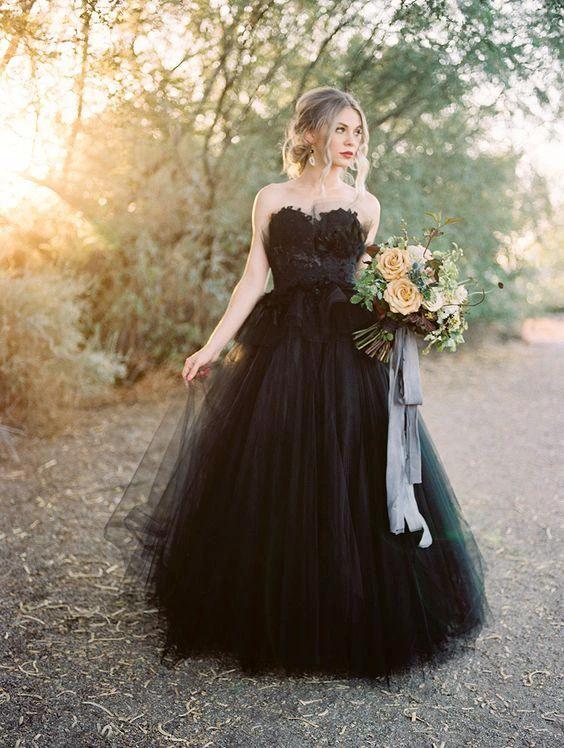 Classy Long Princess Sweetheart Open Back Tulle Black Wedding Dress with Lace by BIZTUNNEL